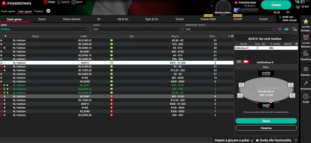 PokerStars schermata principale