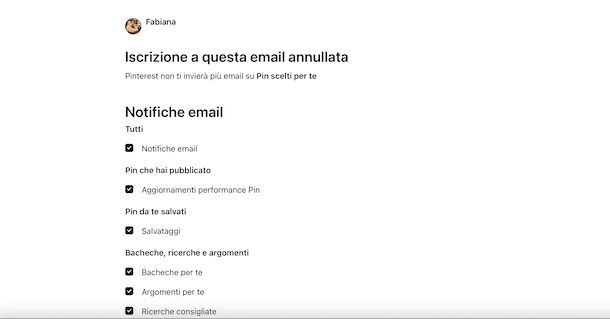 Eliminare Pinterest da email