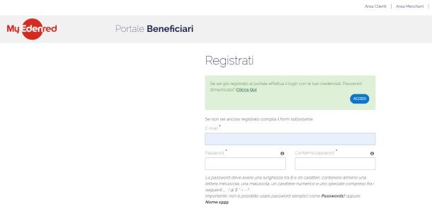 pagina di registrazione Portale Beneficiari Edenred
