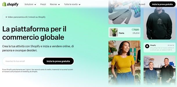 L'homepage del sito Shopify