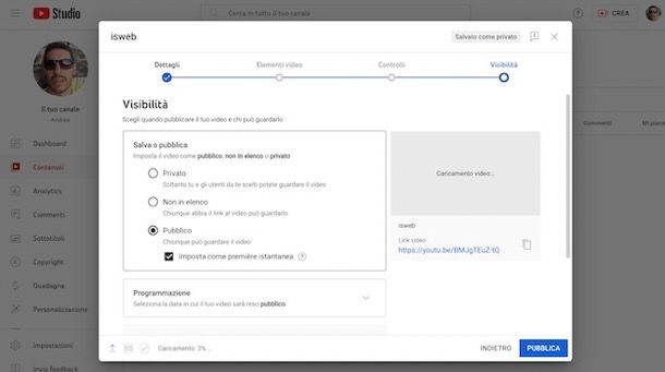 Video pubblico su YouTube