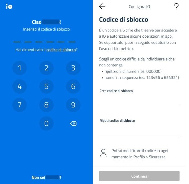 Come sbloccare app IO con codice