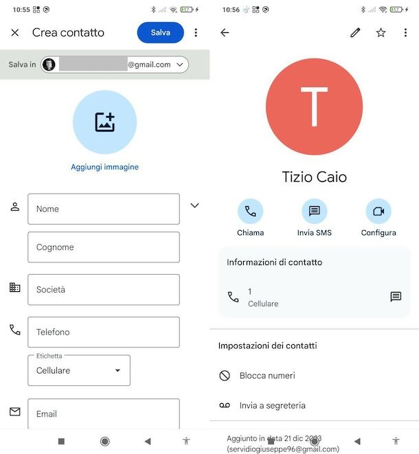 Salvare contatto in rubrica Android