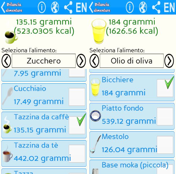 schermate app Bilancia Alimentare