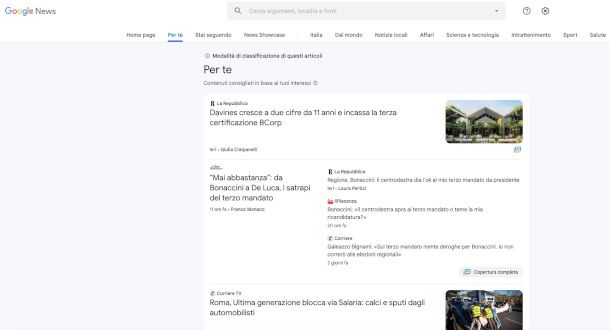 schermata sito Google News