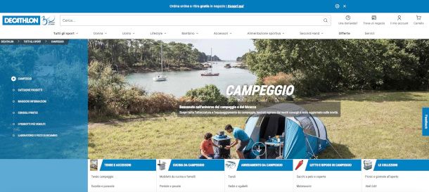 sezione Campeggio sito Decathlon