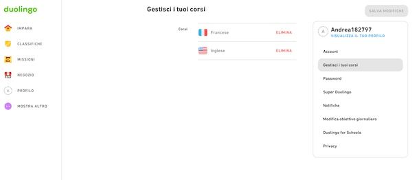 Eliminare corso Duolingo