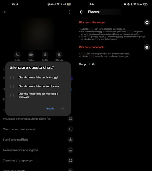 Silenziare o bloccare una persona su Messenger da app