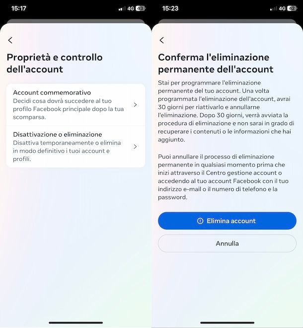 Eliminare account Facebook