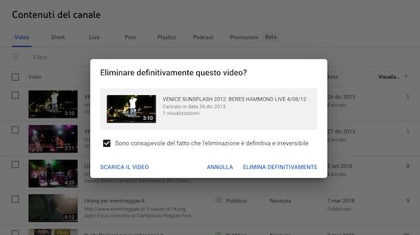 Rimuovere video da YouTube