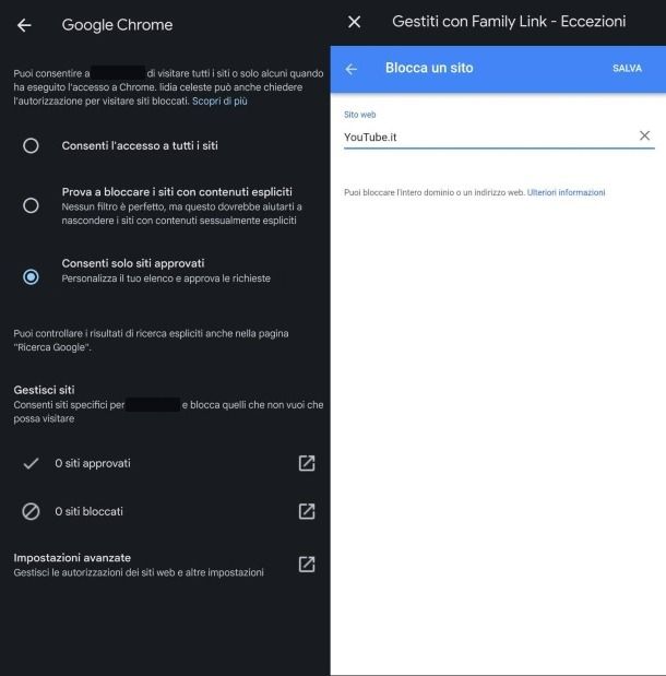 Google Family Link Blocco siti