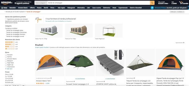 sezione campeggio e outdoor sito Amazon
