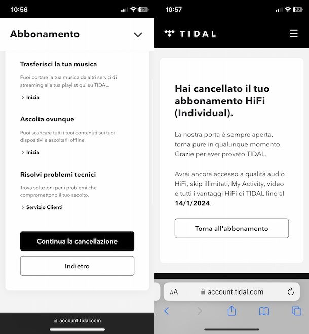 Disattivare abbonamento Tidal