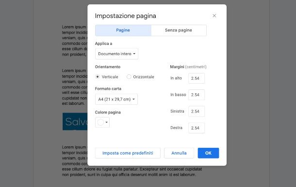 impostazioni margini Google Docs