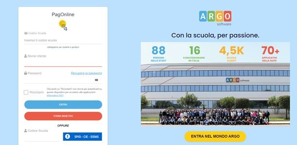 Home page del sito PagOnline di Argo