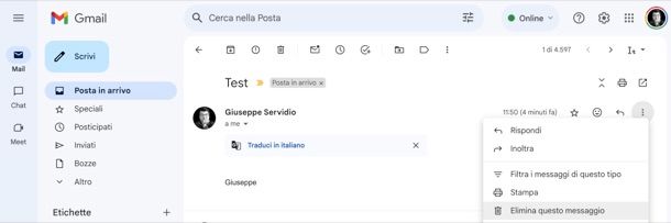 Eliminare un messaggio da Gmail