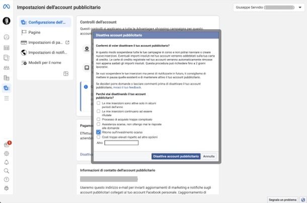 Come eliminare account Meta pubblicitario
