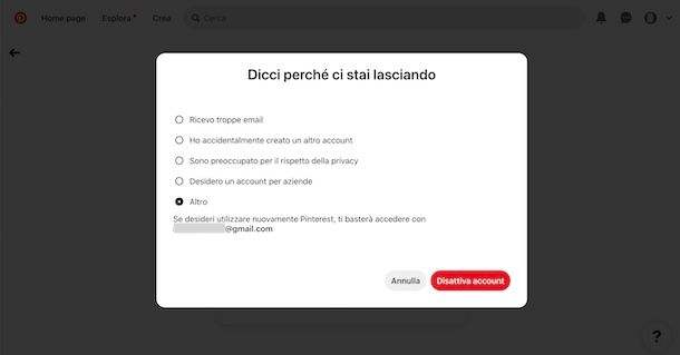 Disattivare account Pinterest