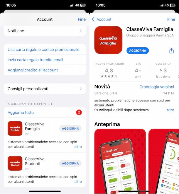 Aggiornare ClasseViva Famiglia su iPhone