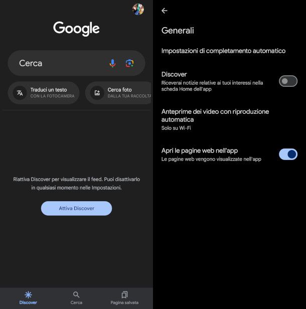 attivazione Discover da app Google