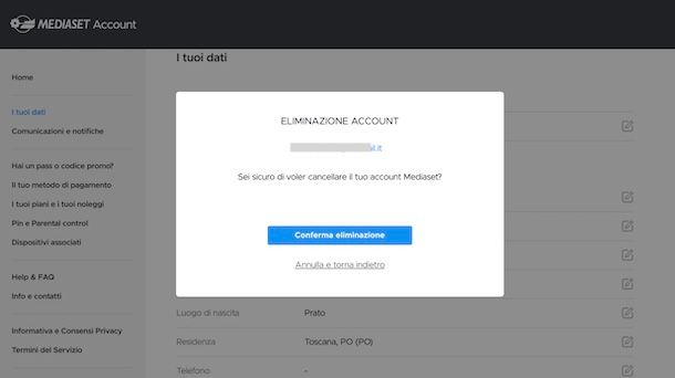 Eliminare account Mediaset