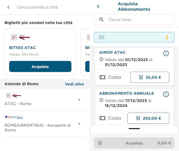 associazione card ATAC e acquisto abbonamento su app MooneyGo