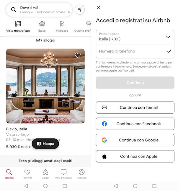 Iscriversi a Airbnb da app