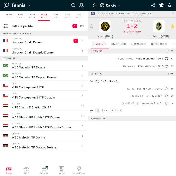 schermate app Diretta Flashscore