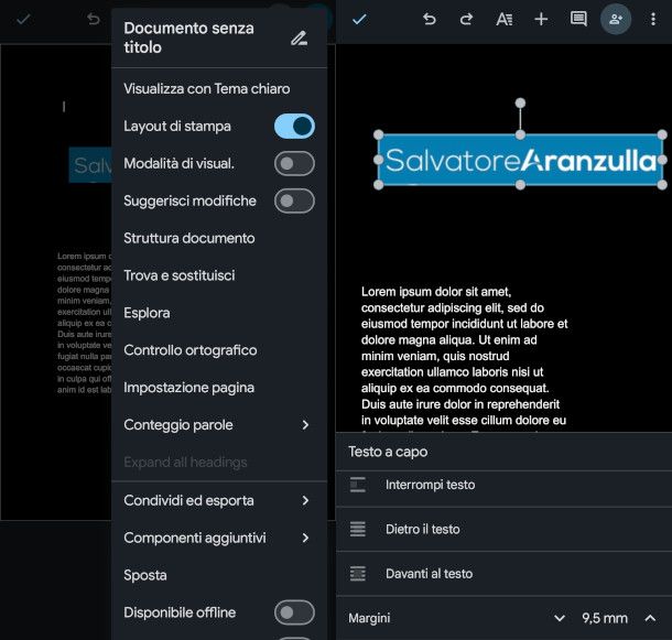 impostazioni layout e margini immagini su app Google Documenti