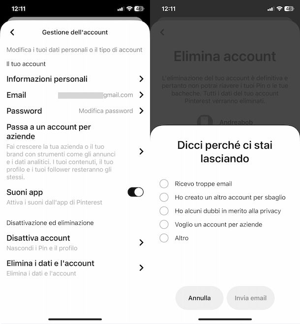 Cancellarsi da Pinterest da app