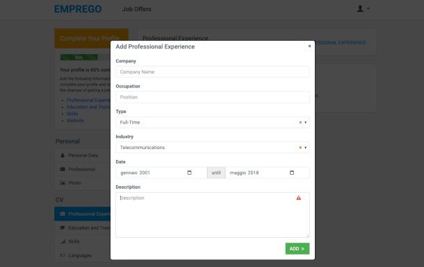 inserimento esperienza professionale su Emprego