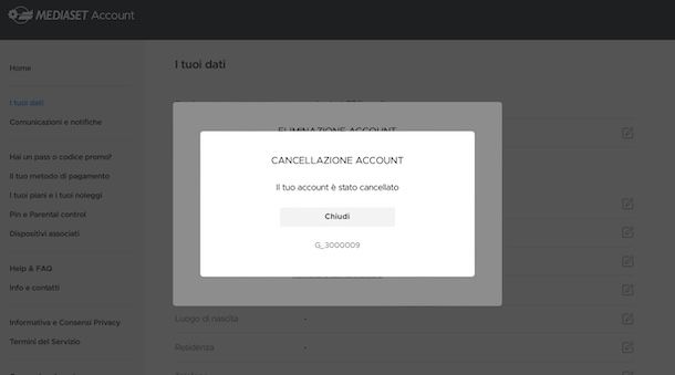 Eliminare account Mediaset