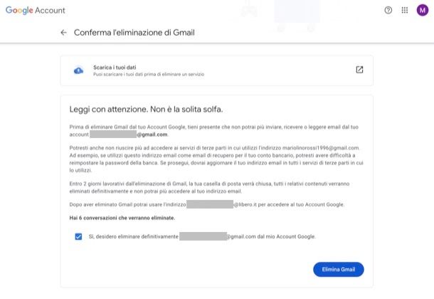 Eliminare Gmail da Google