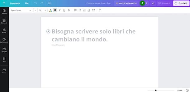 Scrivere testo su documento Canva