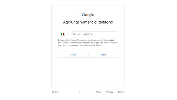 Creare account Gmail senza numero di telefono