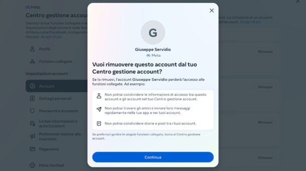 Come togliere profilo Meta da Centro gestione account