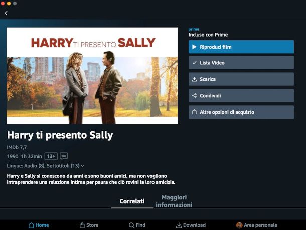 scheda film su app Amazon Prime Video per Mac