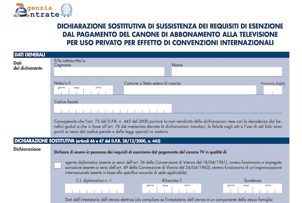 Modulo esenzione canzone militari e diplomatici