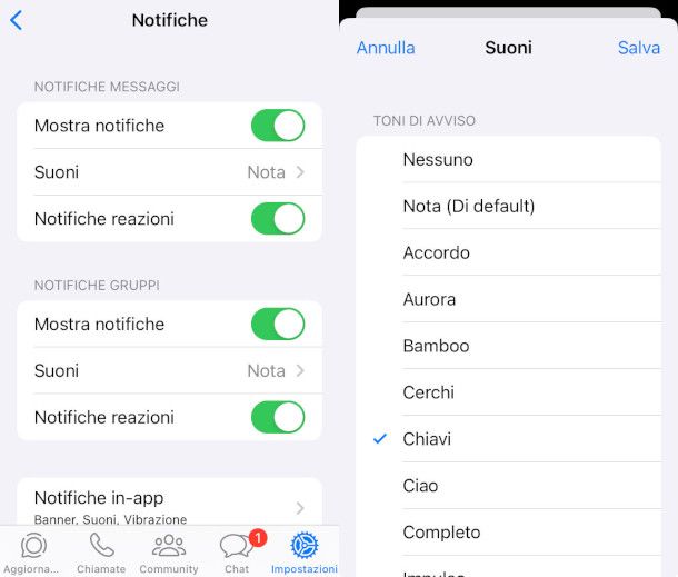 modifica suoni notifiche WhatsApp iPhone