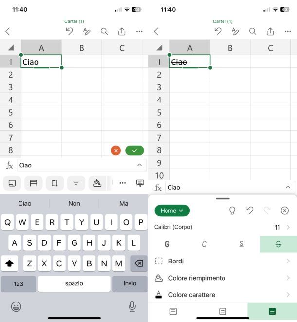 Come barrare testo in Excel da mobile