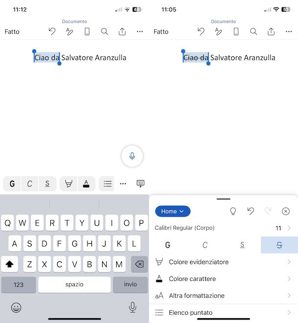 Come barrare testo in Word da mobile