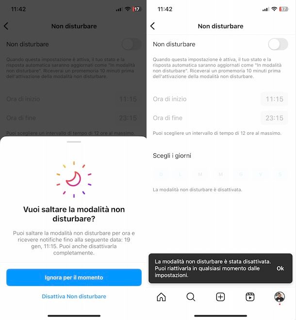 Disattivare Non disturbare su Instagram