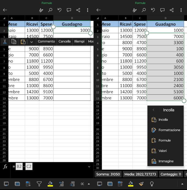 copiare una formula su app Excel