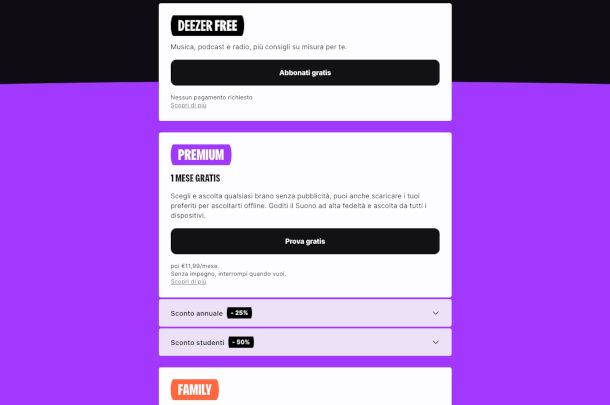 Pagina dei piani sito Deezer