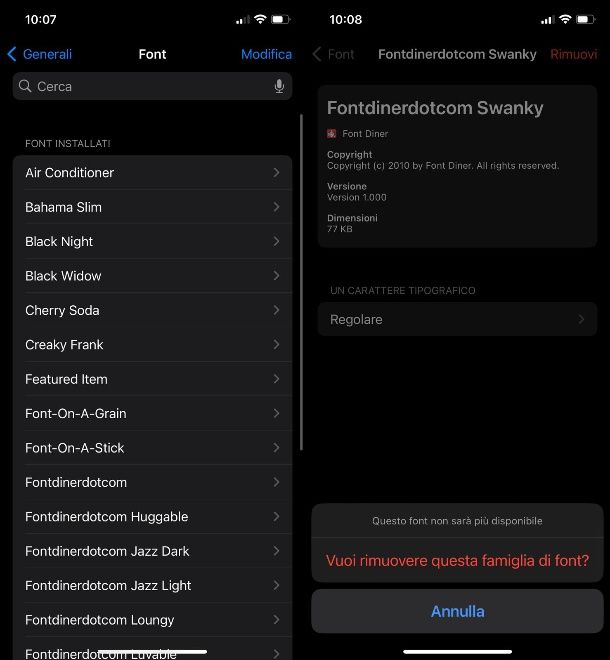 eliminare font ios