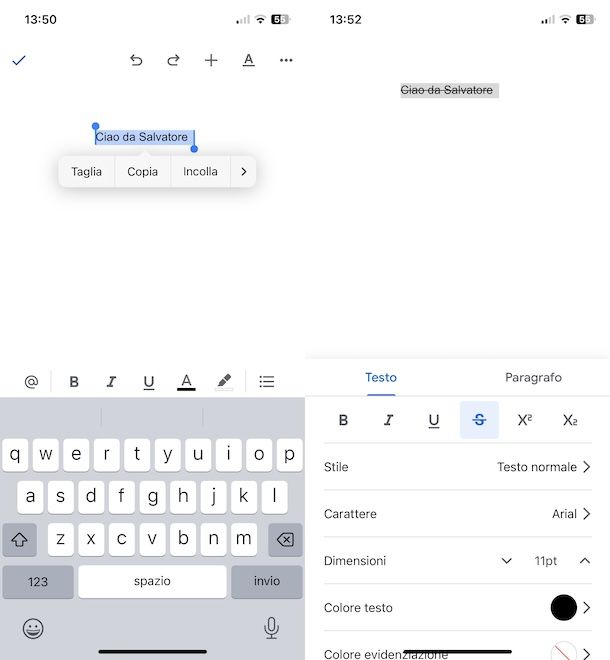 Barrare testo in Google Documenti mobile
