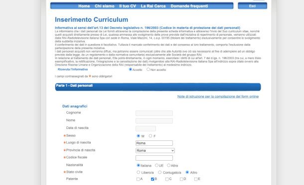 compilazione curriculum Rai online