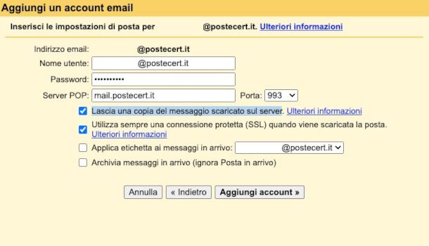 configurazione server posta in arrivo su Gmail Web