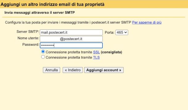 impostazione server SMTP PEC su Gmail