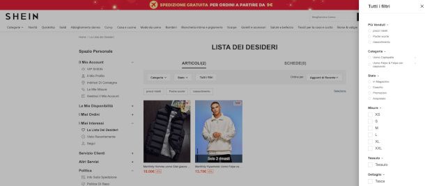 sezione Lista dei desideri sito SHEIN